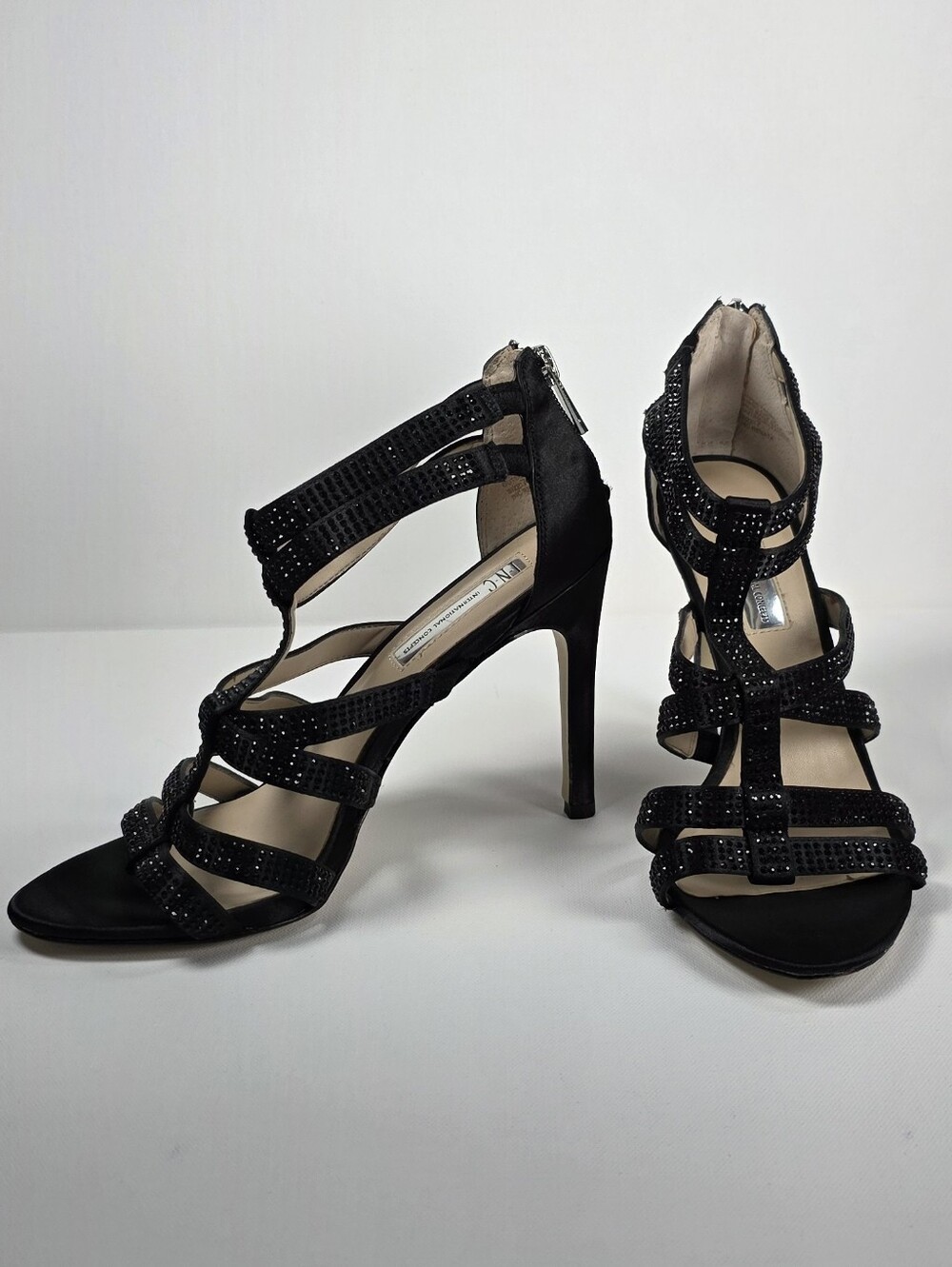 INC Size 7M Black Crystal-Strap High Heel Sandals